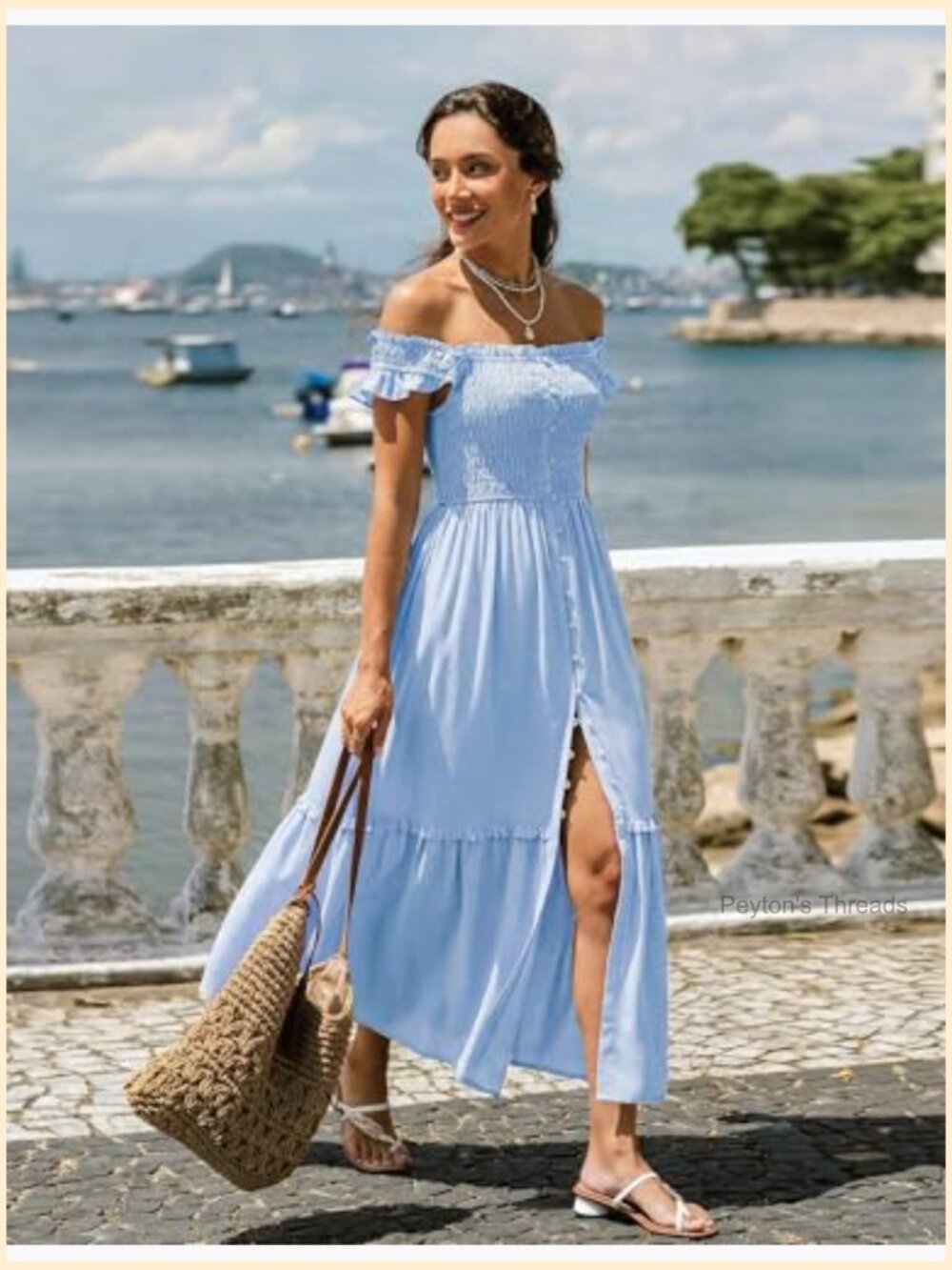 Midi Dress Square Neck Button Down Smocked Ruffle Strap Flowy Beach Sundress - Picture 4 of 7